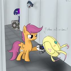 Size: 1000x1000 | Tagged: safe, artist:rodolfomushi, fluttershy, rainbow dash, scootaloo, twilight sparkle, g4, blushing, companion cube, crossover, portal (valve), sentry, turret