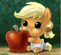 Size: 379x342 | Tagged: safe, artist:ianpo, artist:johnjoseco, applejack, earth pony, pony, g4, animated, apple, baby, baby pony, babyjack, cute, daaaaaaaaaaaw, diaper, eating, eye shimmer, female, foal, jackabetes, puffy cheeks, smiling, solo, sucking, weapons-grade cute
