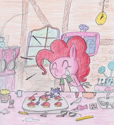 Size: 853x937 | Tagged: safe, artist:drew a, artist:theflyingtacoz, pinkie pie, twilight sparkle, ask tiny twi, fanfic:cupcakes, g4, apron, baking, clothes, cupcake, micro, mittens, tiny twi