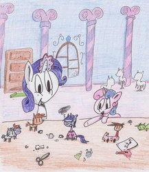 Size: 832x960 | Tagged: safe, artist:drew a, artist:theflyingtacoz, rarity, sweetie belle, twilight sparkle, ask tiny twi, g4, clothes, micro, shirt, tiny twi