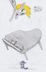 Size: 715x1118 | Tagged: safe, artist:drew a, artist:theflyingtacoz, derpy hooves, twilight sparkle, pegasus, pony, ask tiny twi, g4, female, imminent abuse, mare, micro, musical instrument, piano, this will end in pain, tiny twi