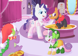 Size: 1100x800 | Tagged: safe, artist:mt, rarity, scootaloo, spike, sweetie belle, dragon, g4, carousel boutique, christmas, clothes, female, filly, foal, hat, holiday, male, mare, open mouth, santa hat, scarf, tree, winter outfit