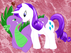 Size: 676x511 | Tagged: safe, artist:penwyn, rarity, spike, g4, female, interspecies, male, ponified, ship:sparity, shipping, straight, tusk