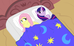 Size: 1336x827 | Tagged: safe, artist:garlandgala, fluttershy, twilight sparkle, pony, unicorn, g4, bed, duo, duo female, female, lesbian, mare, ship:twishy, shipping, unicorn twilight