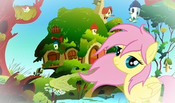 Size: 1226x720 | Tagged: safe, fluttershy, g4, alternate hairstyle, fluttershy's cottage, lidded eyes, show accurate, solo, windswept mane