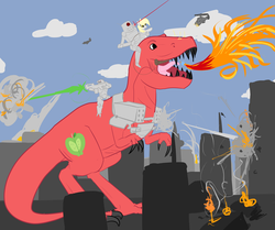 Size: 1199x1003 | Tagged: safe, artist:fribox, big macintosh, derpy hooves, dinosaur, pegasus, pony, reptile, robot, tyrannosaurus rex, g4, dinosaurified, ponies riding dinosaurs, riding, species swap, wat