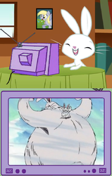 Size: 562x881 | Tagged: safe, angel bunny, derpy hooves, lapahn, pegasus, pony, rabbit, g4, animal, exploitable meme, eyes closed, female, male, mare, meme, one piece, open mouth, open smile, smiling, snow, snowfall, television, tv meme, window