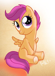 Size: 678x938 | Tagged: safe, artist:warepwn3, scootaloo, pegasus, pony, g4, blank flank, blushing, cute, cutealoo, female, filly, gradient background, looking up, sitting, solo, spread wings, underhoof, wings