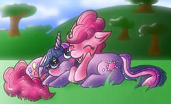 Size: 900x549 | Tagged: artist needed, source needed, safe, pinkie pie, twilight sparkle, g4, blushing, eyes closed, female, lesbian, ship:twinkie, shipping