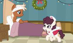 Size: 1547x908 | Tagged: safe, artist:gingermint, artist:icekatze, nursery rhyme, silver spanner, pony, g4, bandage, basket, bed, christmas, duo, holiday, hospital, mouth hold