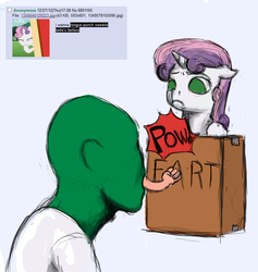 Size: 854x900 | Tagged: dead source, safe, artist:ratchieftain, sweetie belle, oc, oc:anon, pony, g4, 4chan, box, duo, fart, floppy ears, frown, literal, unamused, wat