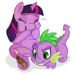 Size: 850x850 | Tagged: artist needed, source needed, safe, spike, twilight sparkle, g4, feather, hoof tickling, tickling, younger