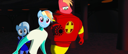 Size: 1999x850 | Tagged: safe, big macintosh, rainbow dash, trixie, earth pony, human, pony, g4, artifact, drix, male, medicine, osmosis jones, stallion