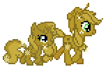 Size: 155x96 | Tagged: artist needed, source needed, safe, applejack, sweetie belle, g4, animated, desktop ponies, female, inconsistent pixel size, luster dust, pixel art, simple background, sweetie gold, transparent background, walk cycle