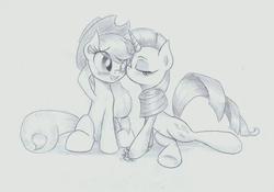 Size: 995x698 | Tagged: safe, artist:skyline14, applejack, rarity, g4, blushing, color me, female, kissing, lesbian, ship:rarijack, shipping, sketch