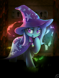 Size: 1466x1914 | Tagged: safe, artist:dawnfire, trixie, pony, unicorn, g4, colored pupils, female, magic, mare, raised hoof, solo