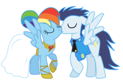 Size: 994x669 | Tagged: safe, artist:luuandherdraws, rainbow dash, soarin', pegasus, pony, g4, element of loyalty, female, kissing, male, mare, rainbow dash always dresses in style, ship:soarindash, shipping, simple background, spread wings, stallion, straight, transparent background, wings