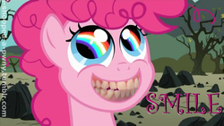 Size: 1077x607 | Tagged: safe, artist:i-shooped-a-pwny, edit, edited screencap, editor:i-shooped-a-pwny, screencap, pinkie pie, g4, the cutie mark chronicles, creepy, eye reflection, female, filly, filly pinkie pie, foal, photoshop, rainbow, rainbow eyes, reflection, smiling, sparkly eyes, teeth, wingding eyes, younger