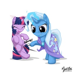 Size: 794x794 | Tagged: safe, artist:mysticalpha, trixie, twilight sparkle, g4, pushing