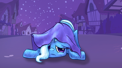 Size: 1280x720 | Tagged: safe, artist:arurein, trixie, pony, g4, magic duel, my little pony: friendship is magic, cape, clothes, cute, diatrixes, face down ass up, female, prone, scene interpretation, solo, tripsie, trixie's cape