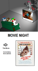 Size: 468x868 | Tagged: safe, artist:feral socks, oc, oc only, oc:flicker, oc:roboshi, ponibooru film night, new year's evil