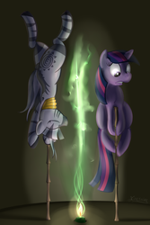 Size: 800x1200 | Tagged: safe, artist:cheshiresdesires, twilight sparkle, zecora, zebra, g4, candle, meditating