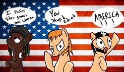 Size: 1300x752 | Tagged: safe, artist:pumpkin-head100, earth pony, pony, flag, matt (tbfp), pat (tbfp), ponified, two best friends play, united states, woolie (tbfp)