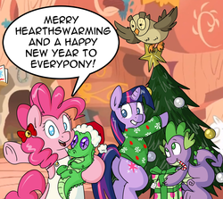 Size: 1200x1069 | Tagged: safe, artist:pippy, gummy, owlowiscious, pinkie pie, spike, twilight sparkle, pinkiepieskitchen, g4, apron, candy, candy cane, christmas, christmas tree, clothes, food, golden oaks library, happy new year, hat, hearth's warming eve, holiday, pinkie pie's drunk kitchen, present, santa hat, sweater, tree