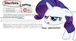 Size: 1164x627 | Tagged: safe, screencap, rarity, pony, unicorn, derpibooru, g4, female, implied diarrhea, mare, mouth, rarity is not amused, solo, unamused, uncouth