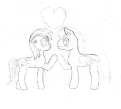 Size: 900x807 | Tagged: safe, artist:brooke-th, rainbow dash, soarin', g4, female, heart cloud, male, monochrome, ship:soarindash, shipping, sketch, straight