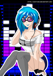 Size: 700x1000 | Tagged: safe, artist:zantyarz, dj pon-3, vinyl scratch, human, g4, breasts, clothes, female, fingerless gloves, gloves, headphones, humanized, smiling, socks, solo, stockings, thigh highs