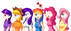 Size: 980x426 | Tagged: safe, artist:kurus22, applejack, fluttershy, pinkie pie, rainbow dash, rarity, twilight sparkle, human, g4, clothes, female, humanized, mane six, scarf, simple background, sweater, sweatershy, transparent background