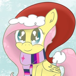 Size: 1280x1280 | Tagged: safe, artist:dozymouse, fluttershy, g4, clothes, female, hat, implied shipping, lesbian, santa hat, scarf, ship:twishy, shipping, wingding eyes