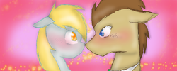 Size: 1000x400 | Tagged: safe, artist:ebonyembers, derpy hooves, doctor whooves, time turner, pegasus, pony, g4, blushing, female, male, mare, ship:doctorderpy, shipping, straight