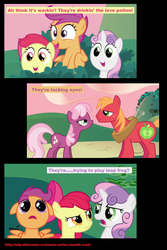 Size: 808x1206 | Tagged: safe, edit, edited screencap, screencap, apple bloom, big macintosh, cheerilee, scootaloo, sweetie belle, earth pony, pegasus, pony, unicorn, g4, hearts and hooves day (episode), alternate scenario, comic, cutie mark crusaders, female, filly, hearts and hooves day, implied sex, innuendo, love poison, male, mare, reacting to nudity, scrunchy face, ship:cheerimac, shipping, stallion, straight, wingboner, wtf