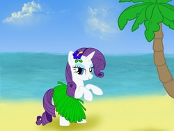 Size: 1024x768 | Tagged: safe, artist:bpie, rarity, pony, g4, beach, clothes, female, flower, flower in hair, grass skirt, hawaiian flower in hair, hula, hula dance, hularity, skirt, solo