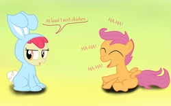 Size: 1440x900 | Tagged: safe, artist:bpie, apple bloom, scootaloo, g4, bunny bloom, bunny costume, clothes, laughing