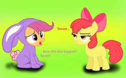 Size: 1440x900 | Tagged: safe, artist:bpie, apple bloom, scootaloo, g4, bunny costume, bunnyloo, clothes