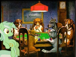 Size: 1024x768 | Tagged: safe, edit, lyra heartstrings, dog, pony, unicorn, g4, dogs playing poker, female, group, meme, sitting, sitting lyra