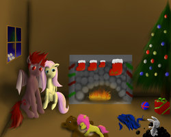 Size: 1600x1280 | Tagged: safe, artist:jasonthedemon, angel bunny, fluttershy, oc, oc:daemon, oc:firefly, original species, g4, bat wings, canon x oc, christmas stocking, christmas tree, coal, female, fireplace, hearth's warming, male, offspring, parent:fluttershy, parent:oc:daemon, parents:canon x oc, present, shipping, straight, tree