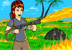 Size: 1073x745 | Tagged: safe, artist:glue123, oc, oc only, oc:blackjack, human, fallout equestria, burning, crossover, far cry 3, fire, flamethrower, humanized, jason brody, solo, tattoo, weapon