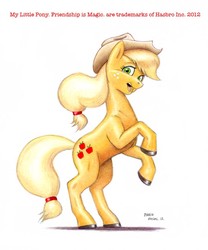 Size: 903x1086 | Tagged: safe, artist:baron engel, applejack, earth pony, pony, g4, colored pencil drawing, female, looking at you, mare, rearing, simple background, solo, traditional art, white background