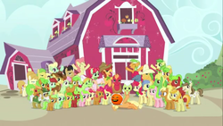 Size: 1366x768 | Tagged: safe, apple bloom, apple fritter, applejack, babs seed, big macintosh, granny smith, hayseed turnip truck, earth pony, pony, g4, 1000 hours in ms paint, annoying orange, apple family, apple family member, male, photo, stallion