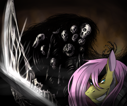 Size: 1800x1500 | Tagged: safe, artist:damaximos, fluttershy, g4, butterscotch, crossover, dark souls, flutterguy, gravelord nito, grin, looking at you, manly, rule 63, smirk, thick eyebrows