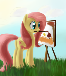 Size: 1400x1600 | Tagged: safe, artist:sokolas, fluttershy, pony, g4, brush, female, leaves, painting, solo
