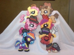 Size: 640x480 | Tagged: safe, big macintosh, doctor whooves, fluttershy, rainbow dash, scootaloo, time turner, earth pony, pony, g4, animal costume, chicken suit, clothes, costume, craft, irl, male, perler beads, photo, stallion
