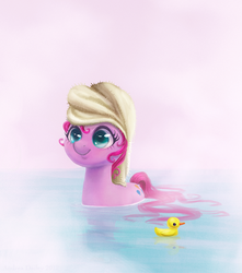 Size: 900x1019 | Tagged: safe, artist:adailey, pinkie pie, duck, pony, g4, bath, cute, diapinkes, female, pegaduck, rubber duck, smiling, solo, towel, wet
