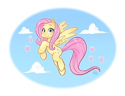 Size: 2434x1872 | Tagged: safe, artist:luigil, fluttershy, butterfly, pegasus, pony, g4, cute, female, flying, looking at you, mare, smiling