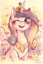 Size: 467x694 | Tagged: safe, artist:mi-eau, princess cadance, alicorn, pony, g4, bust, cute, cutedance, female, looking at you, mare, open mouth, portrait, smiling, solo, spread wings, traditional art, wink