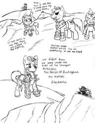 Size: 2495x3243 | Tagged: safe, artist:demon-keychain, oc, oc only, oc:bullet holes, earth pony, pony, unicorn, fallout equestria, comic, eyepatch, female, grim galloper, mare, monochrome, raider, scar, second chances, traditional art